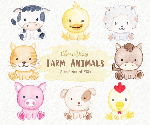 570x475 Farm Animal Illustration Watercolor Baby Dog Cat Sheep Horse Pig - Farm Animal Watercolor