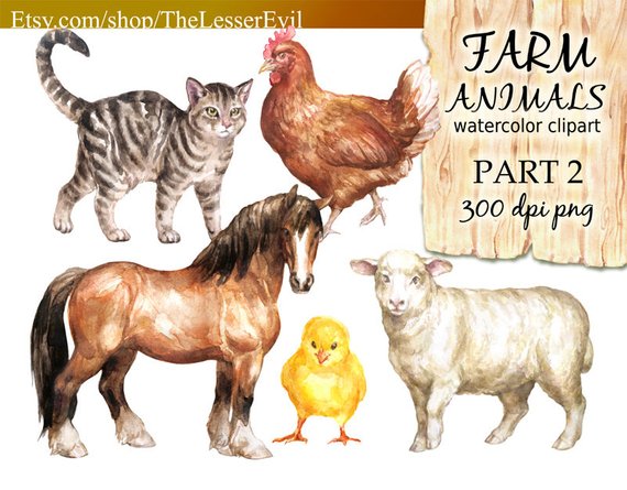 570x445 Farm Animals Clipart Digital Watercolor Illustration Animal Etsy - Farm Animal Watercolor