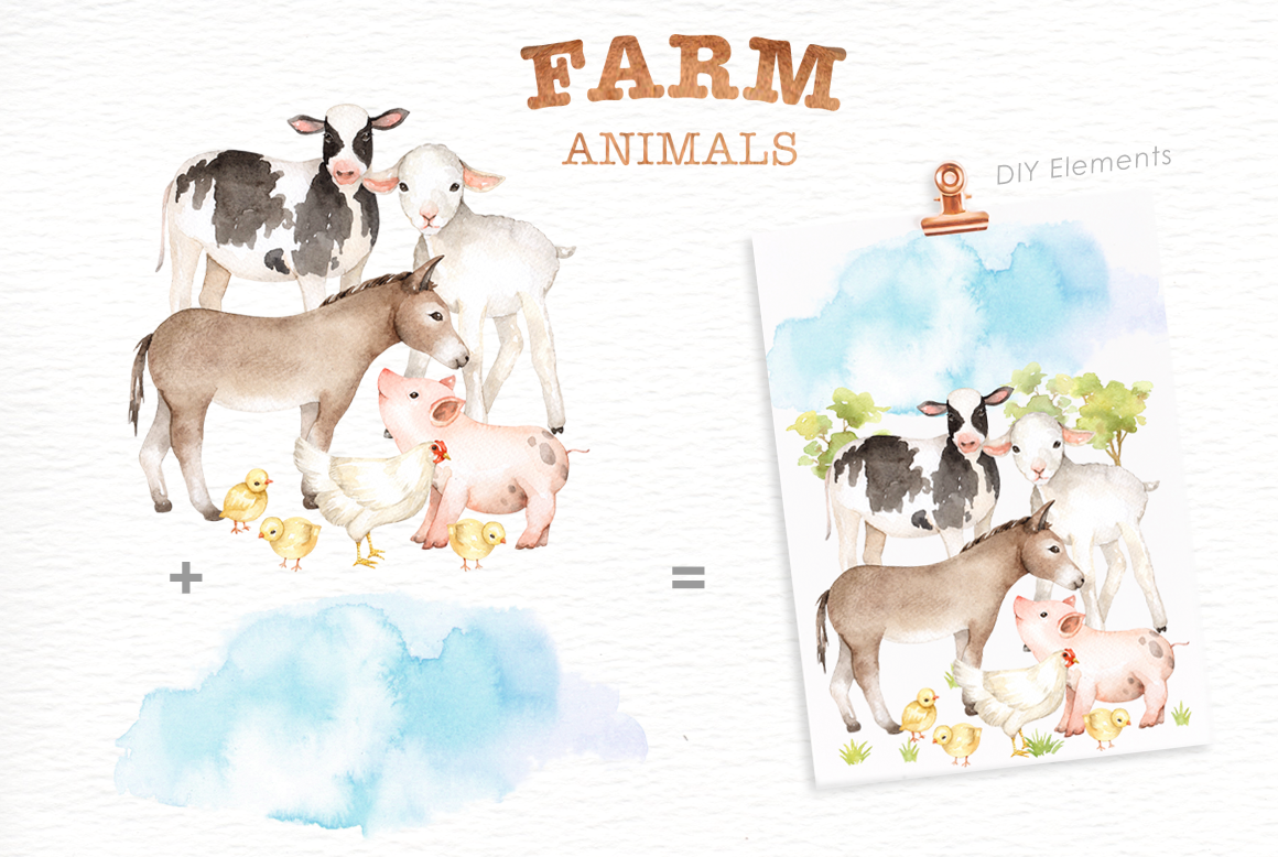 1160x778 Farm Animals Watercolor Clipart By Everysunsun - Farm Animal Watercolor