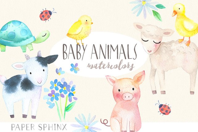642x427 Baby Animals Watercolor Clipart Springtime Farm Animals Etsy - Farm Animal Watercolor