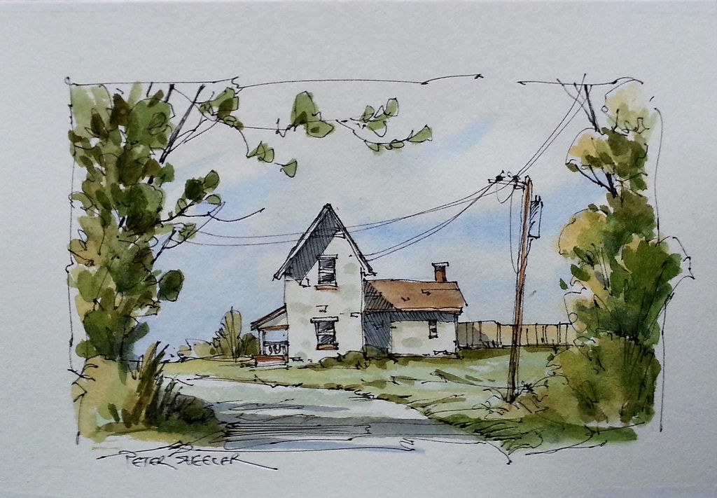 1024x711 Fall Farm Line And Wash Watercolor With 4 Colors. - Farm Watercolor