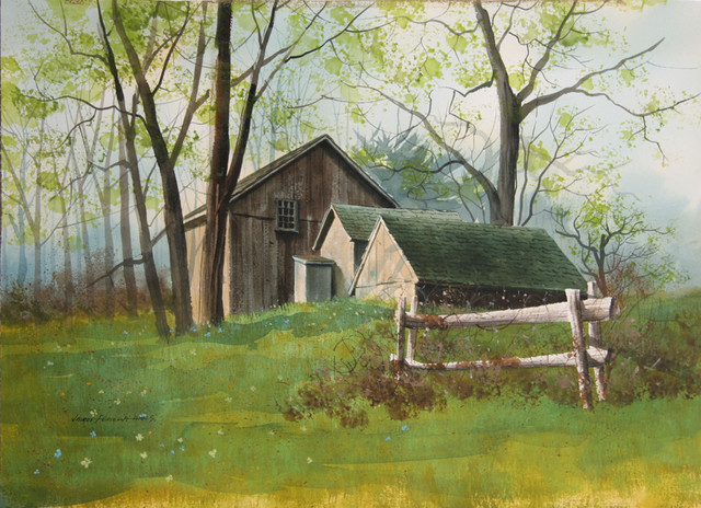 640x464 James Feriola, Spring Farm, Watercolor Painting In Black Ink - Farm Watercolor