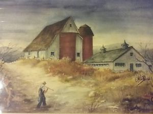 300x225 American Farm W Barn Watercolor Landscape By Dick Crocker Listed - Farm Watercolor