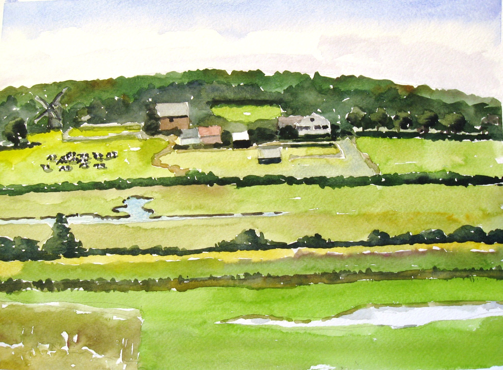 2024x1489 Neale Farm With Cows Watercolor Landscape Sold Wilson - Farm Watercolor