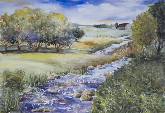 529x364 Stoney Creek Farm Watercolor Painting Lake Effect Gallery - Farm Watercolor