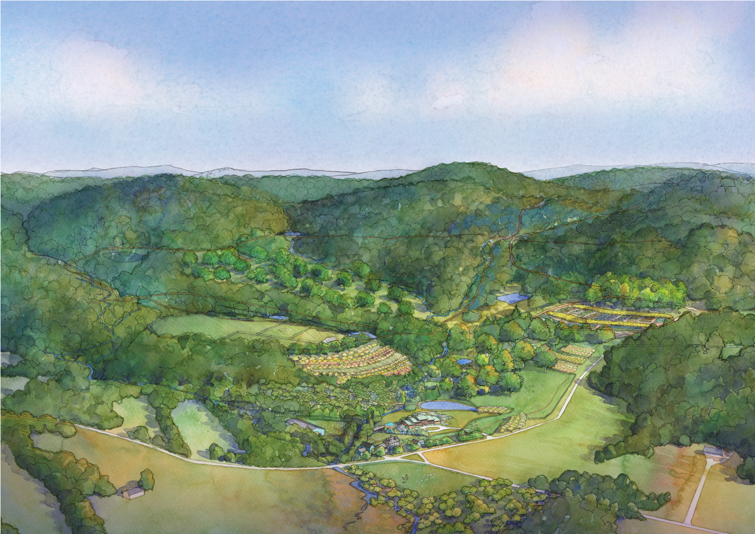 1522x1078 Sustainable Farm Design Final Rendering In 3d Watercolor - Farm Watercolor