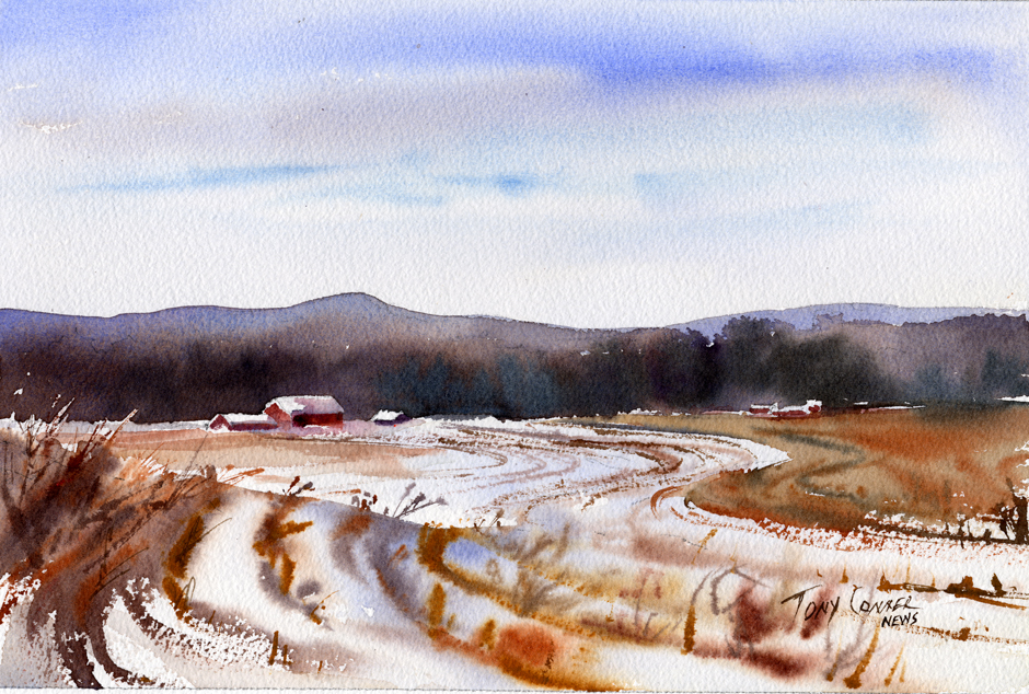 940x634 Gammon Road Farm Original Watercolor Winter Landscape Painting - Farm Watercolor Paintings