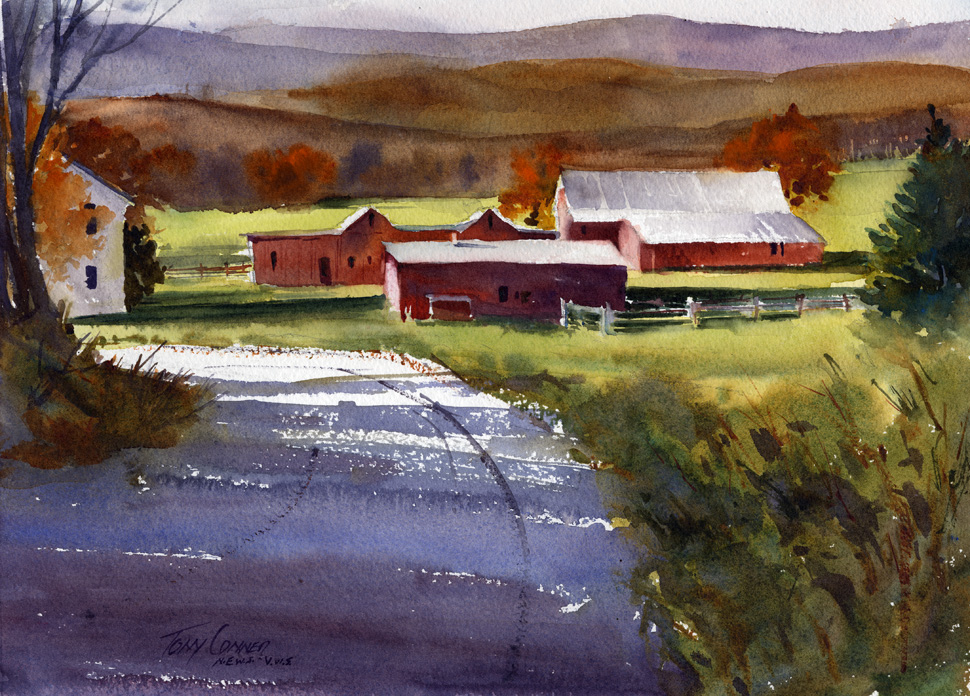 970x696 Tinkham Road Vermont Watercolor Artist Tony Conner - Farm Watercolor Paintings