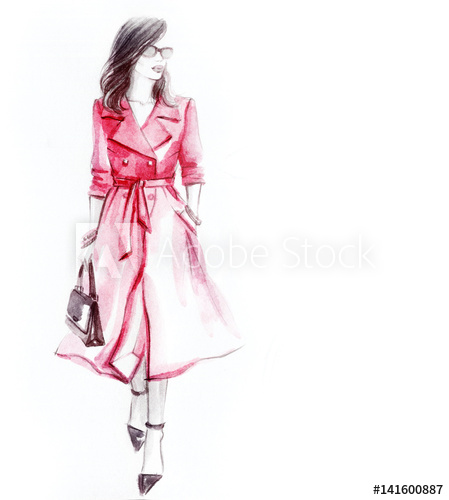 449x500 Woman In Coat. Street Fashion Style. Hand Drawing Illustration - Fashion Watercolor Sketch