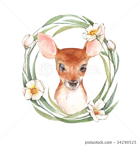 450x468 Baby Deer And Flowers. Cute Fawn. Watercolor - Fawn Watercolor