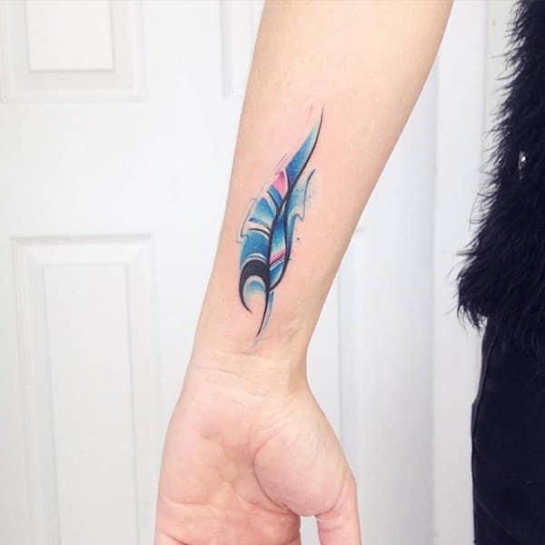 600x600 99 Artistic Watercolor Tattoos That Are Living Works Of Art - Feather Watercolor Tattoo