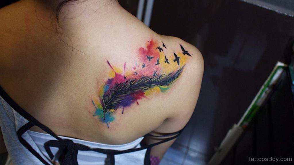 1024x576 Watercolor Feather Tattoo On Back Tattoo Designs, Tattoo Pictures - Feather Watercolor Tattoo