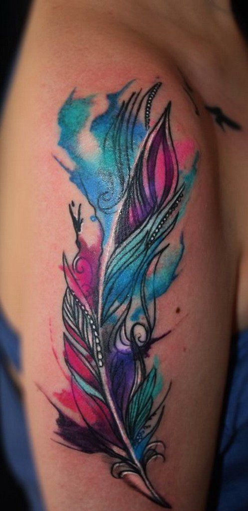 497x1024 13 Breathtaking Watercolor Tattoos Tattos - Feather Watercolor Tattoo