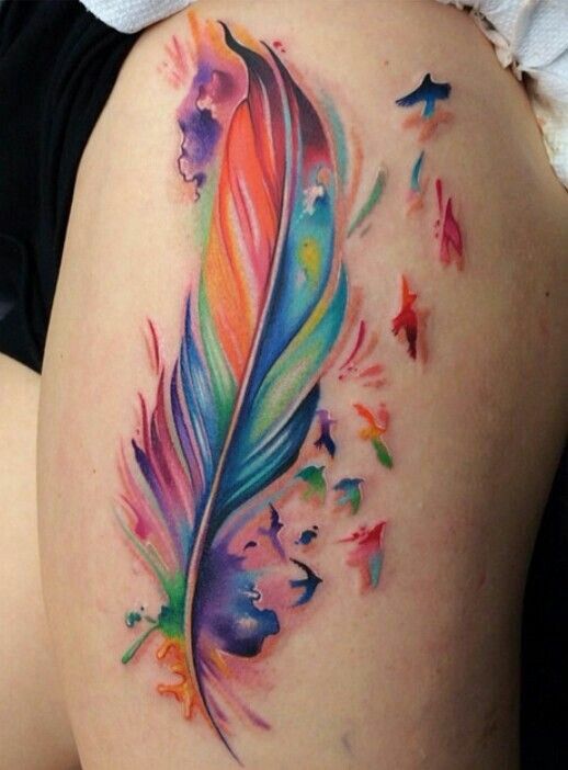 518x702 Watercolor Feather Tattoo And Flying Flock Tattoos - Feather Watercolor Tattoo