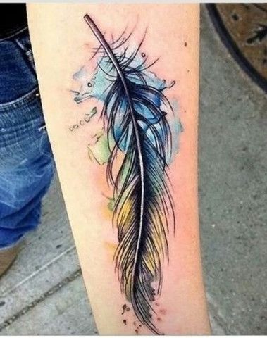379x480 50 Breathtaking Watercolor Tattoos Tattoos - Feather Watercolor Tattoo
