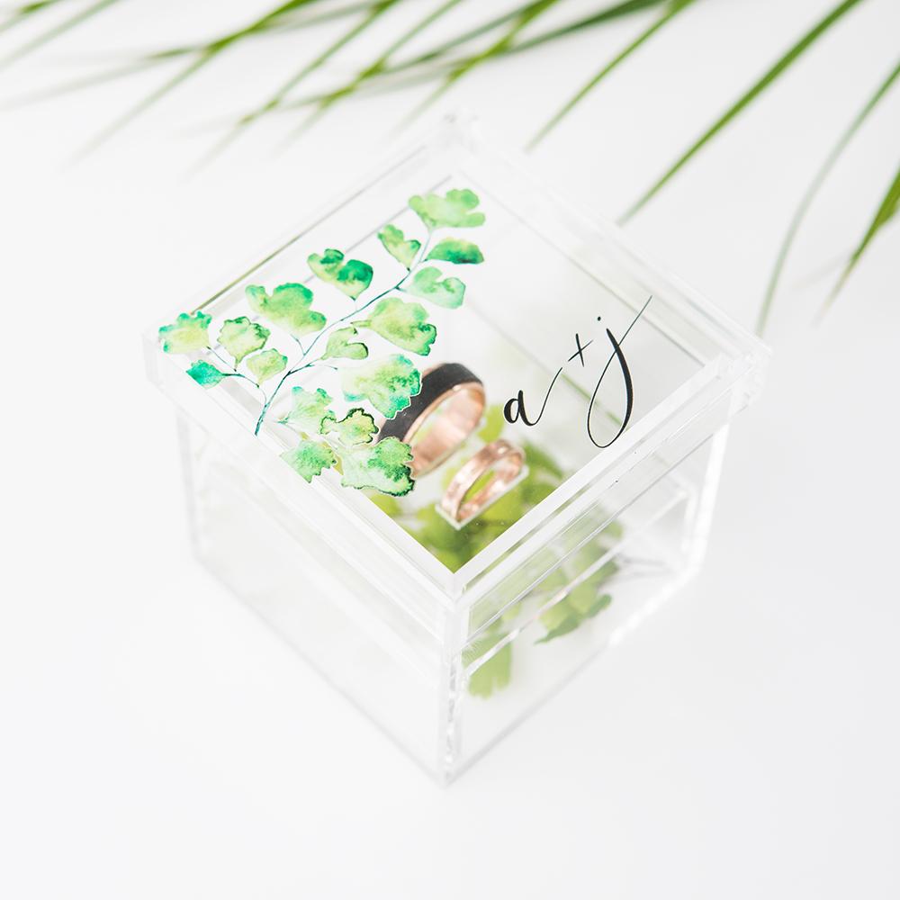 1000x1000 Lucite Wedding Ring Box - Fern Watercolor