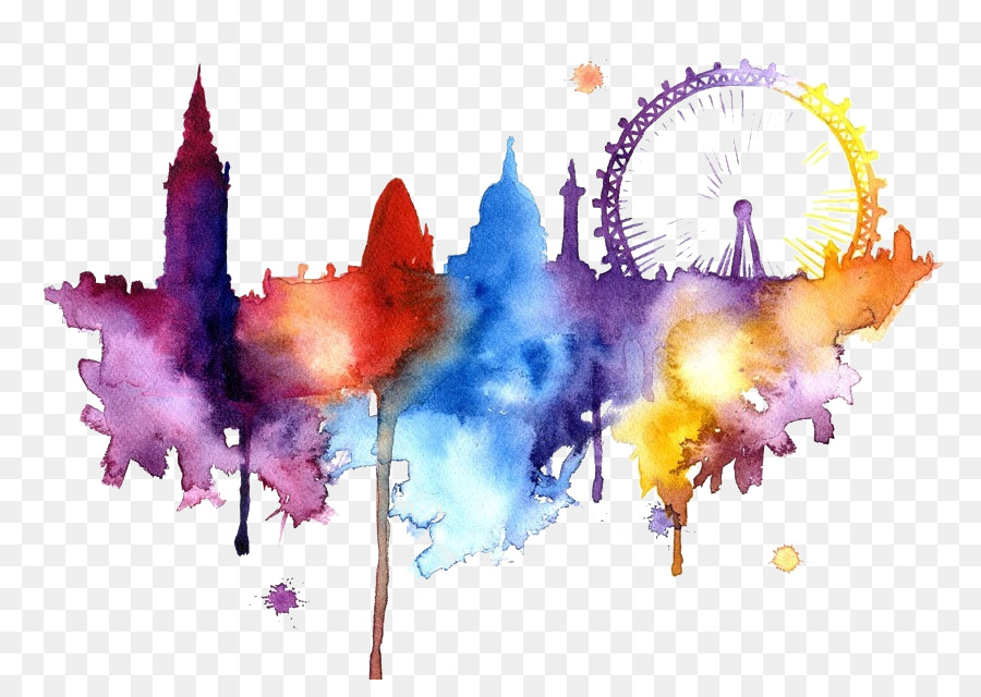 900x640 London Watercolor Painting Skyline Art - Ferris Wheel Watercolor