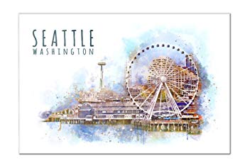 355x237 Seattle Skyline - Ferris Wheel Watercolor