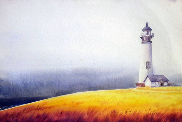 770x516 Lighthouse Amp Corn Field Watercolor On Paper Painting By Samiran - Field Watercolor