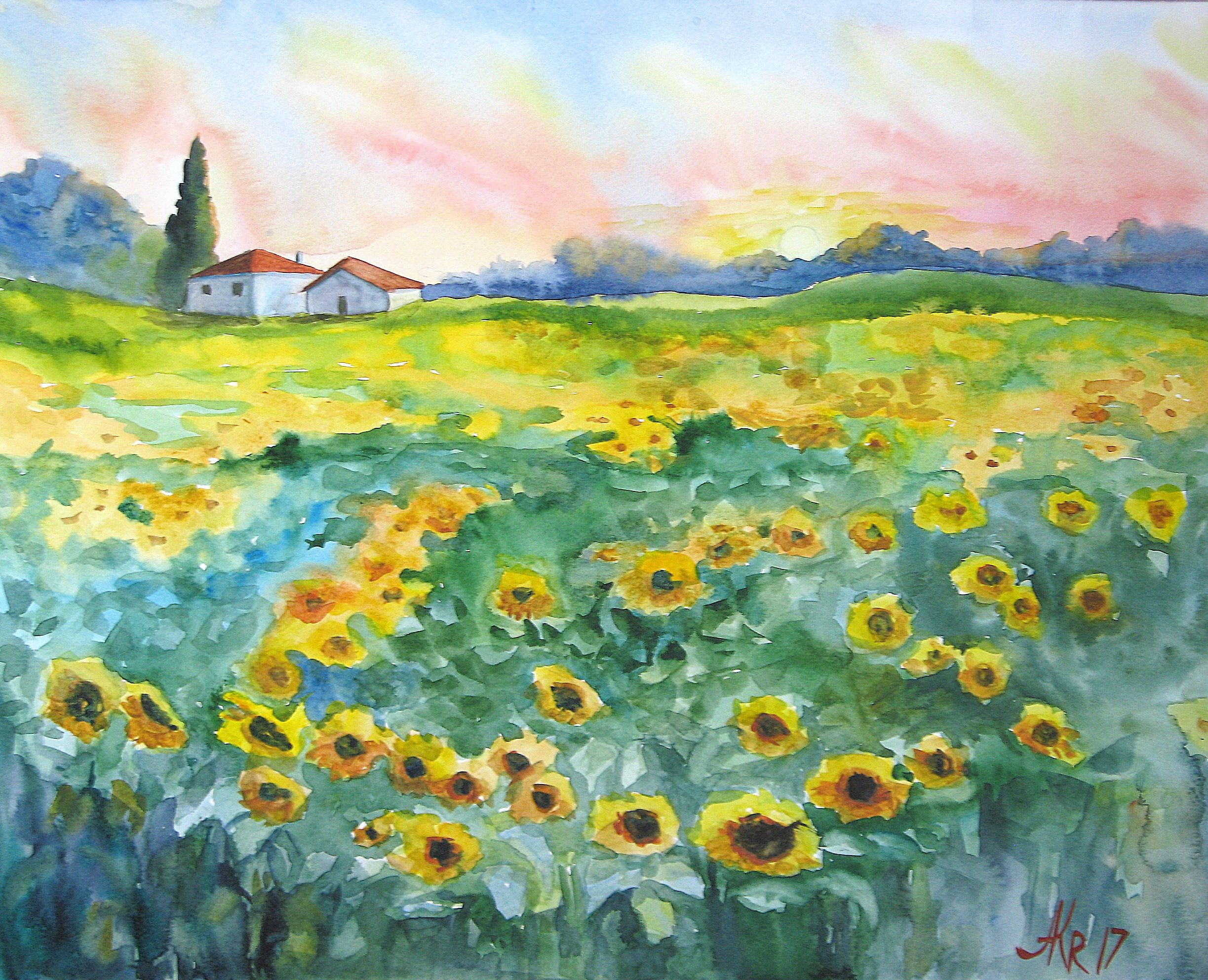 2447x1986 Yellow Sunflowers Original Landscape Watercolor Sunflowers - Field Watercolor