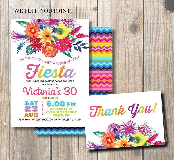 570x523 Fiesta Birthday Party Invitation Mexican Party Watercolor Flowers - Fiesta Watercolor