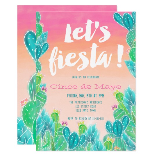 540x540 Lets Fiesta Cacti Pattern Watercolor Cinco De Mayo Invitation - Fiesta Watercolor