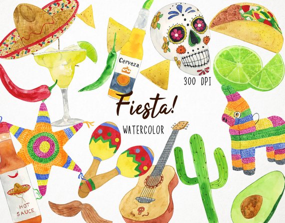 570x446 Watercolor Fiesta Clipart Mexican Clipart Fiesta Clip Art Etsy - Fiesta Watercolor