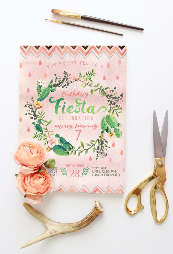 570x837 Desert Birthday Party Invitations, Fiesta Watercolor Cactus Party - Fiesta Watercolor