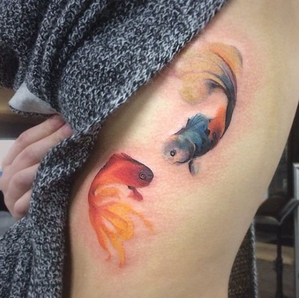 595x593 Fighting Watercolor Fish By Pete Zebley - Fish Watercolor Tattoo