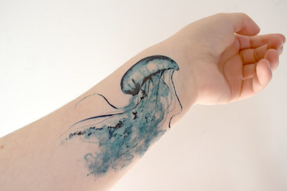 570x380 Watercolor Jelly Fish Tattoo On Forearm - Fish Watercolor Tattoo