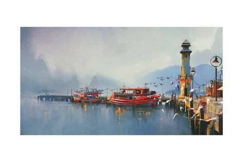 473x315 Fishing Boat In Harbor - Fishing Boat Watercolor