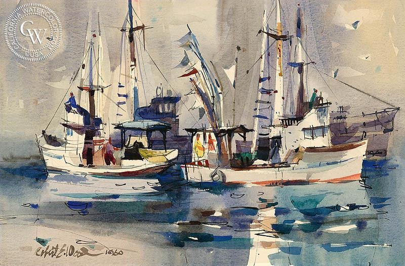 800x526 Fishing Boats, 1960, Art By Robert E. Wood California Watercolor - Fishing Boat Watercolor