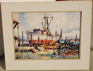 300x231 John Cuthbert Hare Fishing Boat At Dock Orignal Watercolor Ebay - Fishing Boat Watercolor