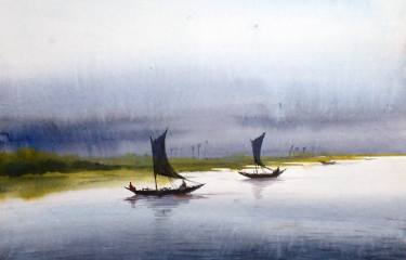 375x240 Monsoon River Amp Fishing Boats Painting By Samiran Sarkar Saatchi Art - Fishing Boat Watercolor