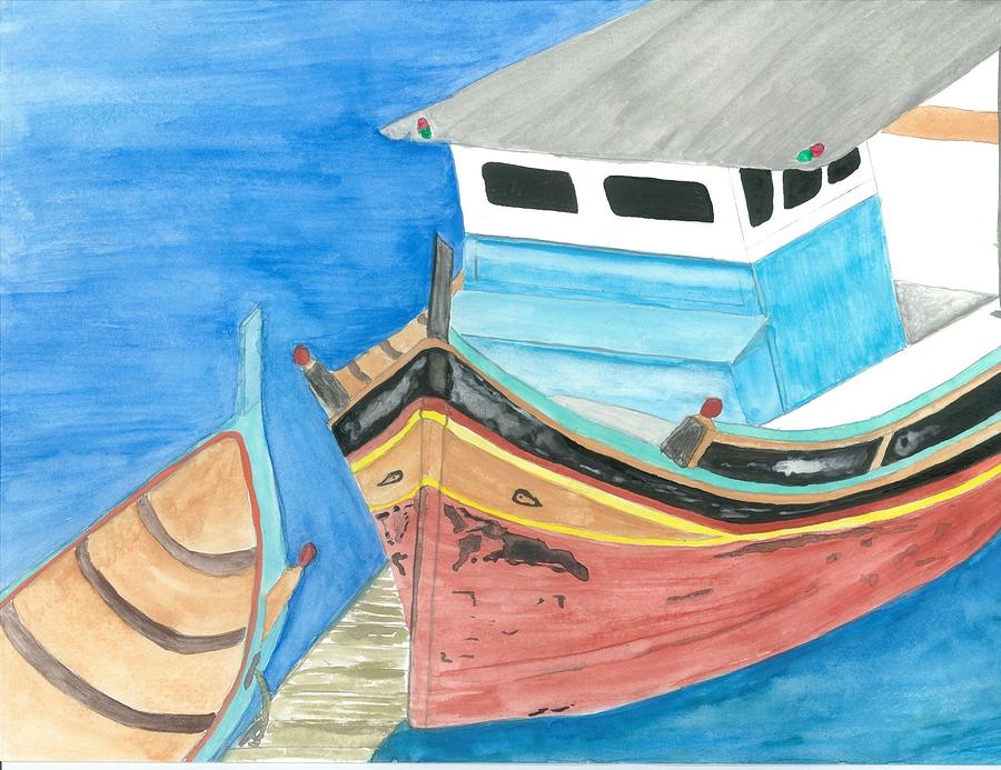 900x693 Original Fishing Boat Watercolor Painting Painting By Christian - Fishing Boat Watercolor