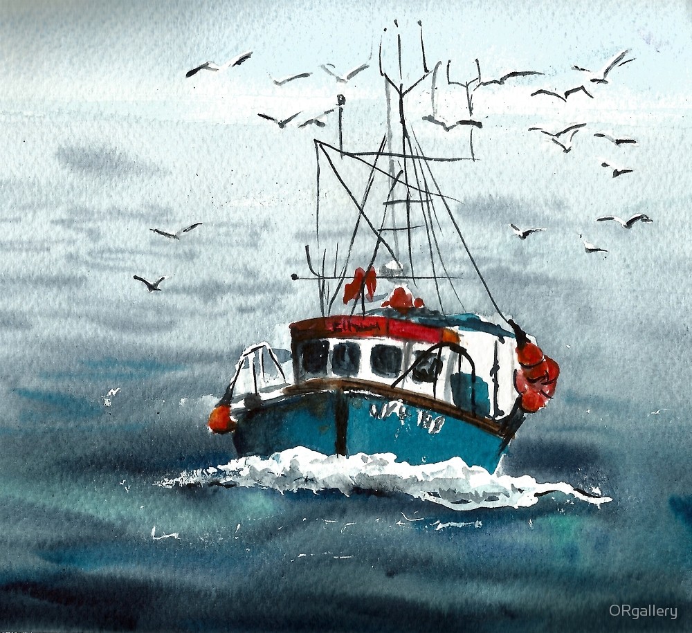 1000x915 Sea Sail Fishing Boat Watercolor Design Travel By Orgallery - Fishing Boat Watercolor