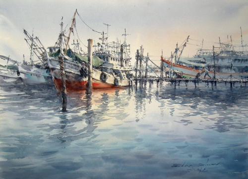 500x361 Watercolor Landscapes By Direk Kingnok Luscious, Loose Watercolor - Fishing Boat Watercolor