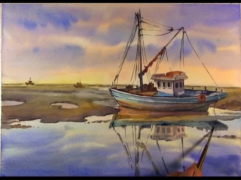 480x360 Watercolor Painting Fishing Boats On Sea - Fishing Boat Watercolor