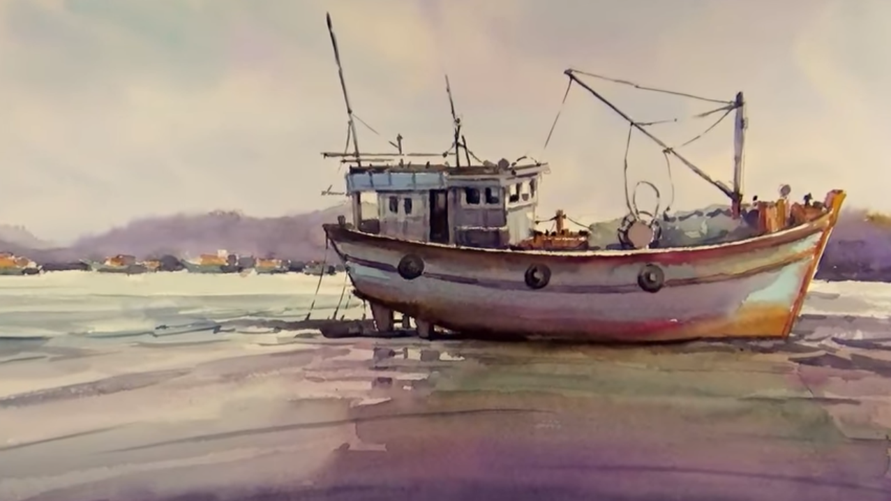 1277x718 Watercolor Painting Fishing Boat On The Beach - Fishing Boat Watercolor