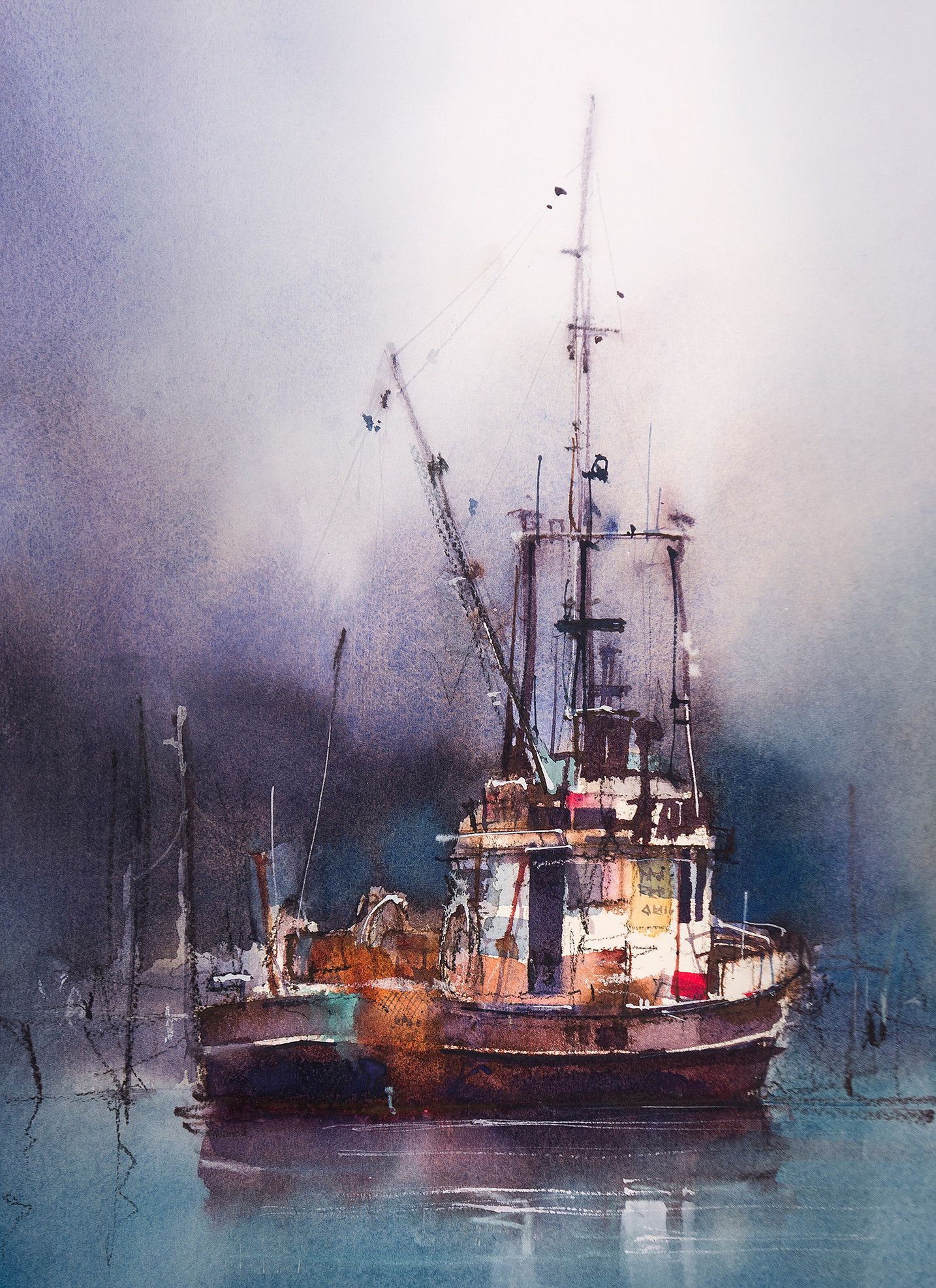 1434x1974 Watercolor Painting Of Moored Fishing Boat Showing Contrasting - Fishing Boat Watercolor