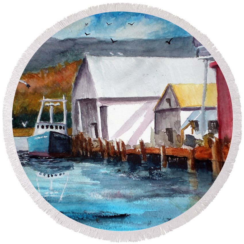 850x850 Fishing Boat And Dock Watercolor Round Beach Towel For Sale By - Fishing Boat Watercolor