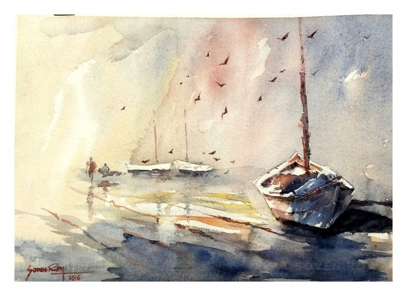 800x582 Fishing Boat By Artist Soven Roy Landscape Art Watercolor - Fishing Boat Watercolor