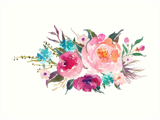 549x413 Floral Watercolor Bouquet Turquoise Pink Art Prints By - Floral Watercolor