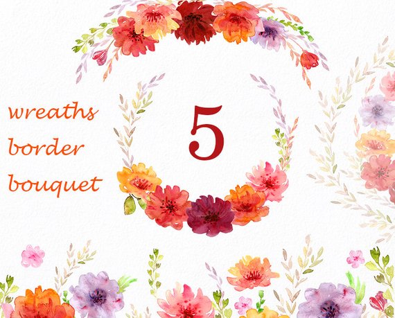 570x459 Sunny Flowers Watercolor Clipart Commercial Use Wreath Border Etsy - Floral Watercolor Border