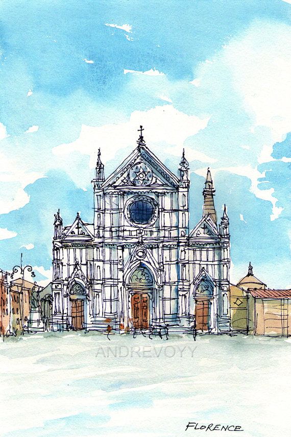 570x856 Florence Piazza Santa Croce Italy Art Print From An Original - Florence Watercolor