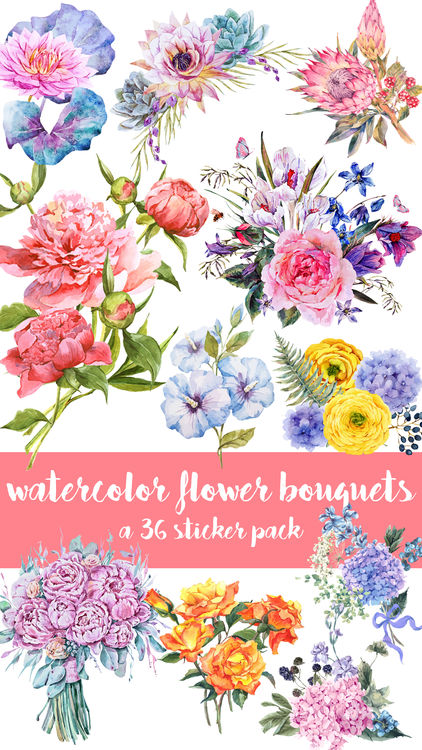 422x750 Watercolor Flower Bouquets Sticker Pack By Veritas Design Group - Flower Bouquet Watercolor