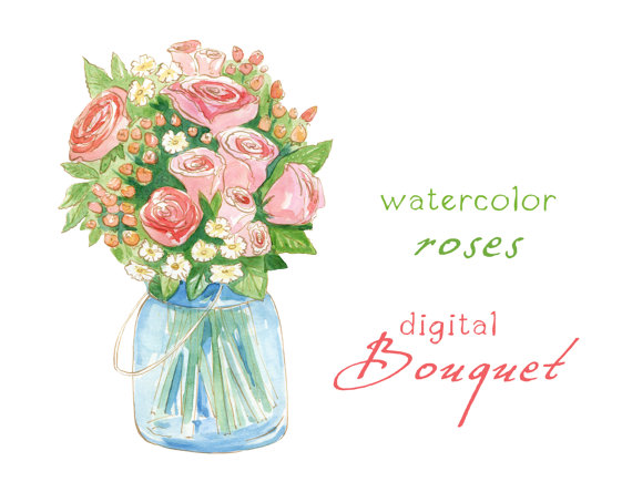 570x444 Digital Clipart, Watercolor Flowers, Rose Bouquet, Wedding Bouquet - Flower Bouquet Watercolor
