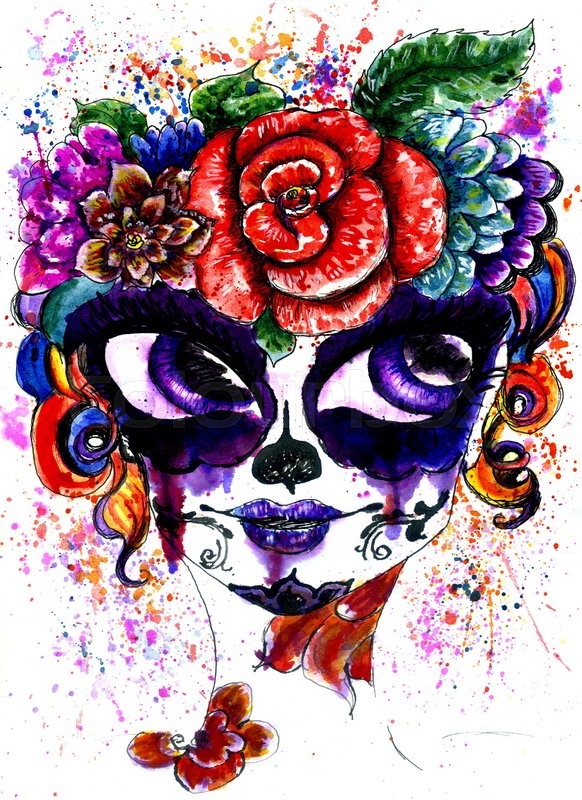 582x800 Girl With Sugar Skull Makeup In Flower Crown, Watercolor Painting - Flower Crown Watercolor