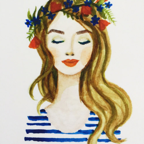 500x500 Print Of Blue Flower Crown Girl Watercolor By Kristinebrookshire - Flower Crown Watercolor
