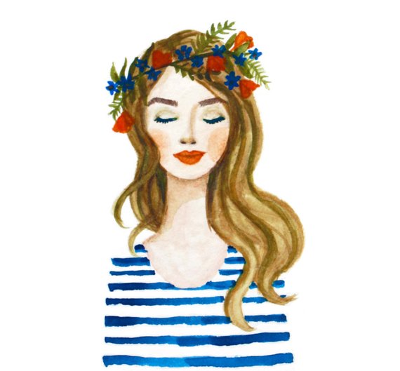 570x529 Print Of Blue Flower Crown Girl Watercolor Painting. Coral Etsy - Flower Crown Watercolor